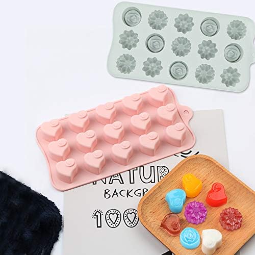 JUSONEY Silicone Moulds for Wax Melts - 2 PCS Cute Flower and Heart Silicone Molds with Dropper - Non-Stick Food Grade Silicone Mould for Chocolate Cookie, Candy, Cake, Ice Cube, Jelly