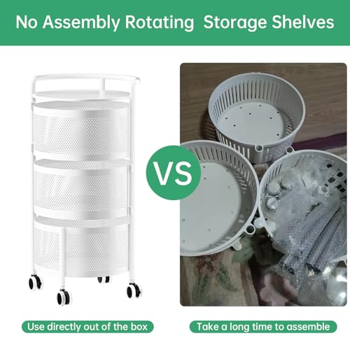 Image of JAQ No Assembly White Rotating Kitchen Storage Organizer, 3-Tier Metal Basket Rack with Wheels, Space Saving Fruit & Vegetable Storage Cart for Small Kitchen, Pantry, White