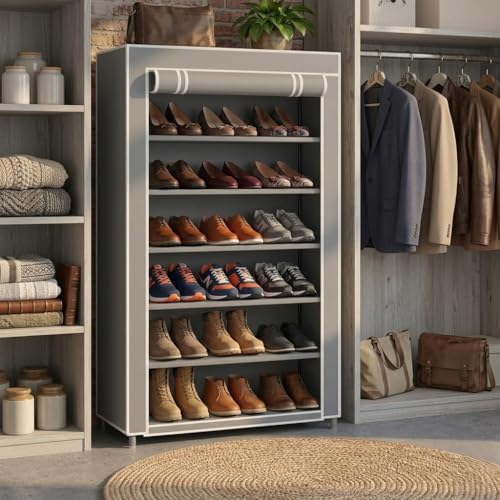 Image of 6 Tier Shoe Organizer Rack for Home, Space Saving Multi-Level Shoe Storage Stand, Durable Rack for Bedroom, Entryway & Closet Shoe Rack Plastic for Home (Grey)