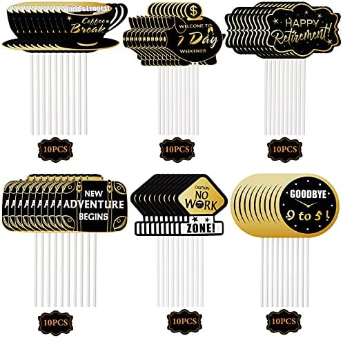 PartyYeah 60 Pcs Happy Retirement Cupcake Toppers, Gold Retired Cake Toppers Picks Happy Birthday Cake Topper for Retirement Party Cake Decoration Party Supplies