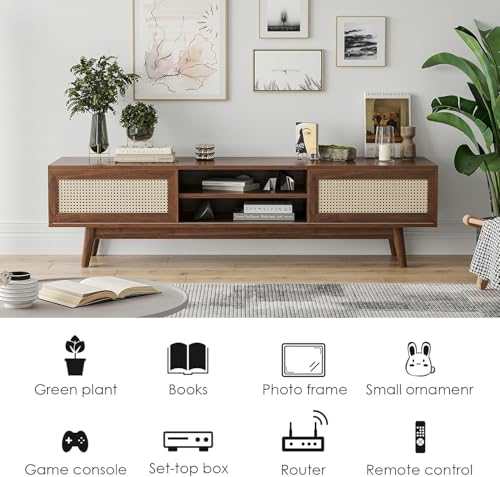 Image of Space Galaxy Sheesham Wood TV Unit Stand for Living Room | Wooden Entertainment Console Cabinet with 2 Rattan Cane Doors & Shelf Storage | Free Standing TV Table for Home, Walnut (63x15.6x18 Inch)