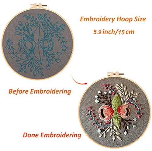 Image of Louise Maelys Botanical Embroidery Kit for Beginners Stamped DIY Craft | Cross Stitch Kits Include Pre-Printed Fabric, Embroidery Hoop, Threads, Needles and Guide. Needlepoint Kit for Beginners