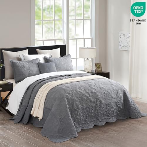 Image of HZ & HY Oversized King Bedspread, Stitched Paisley Quilt Set King /Cal King, Lightweight Reversible Coverlet, Scalloped Edge - Modern Classic Look, 5 Piece, Ultimate Gray