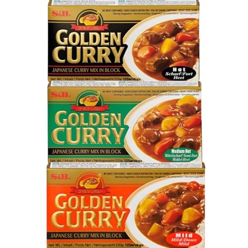 3x220g S&B GOLDEN CURRY MIX - Japanese Curry Mix - vegetarian no meat contained - 3 Geschmäcker: Mild Medium Hot & Hot