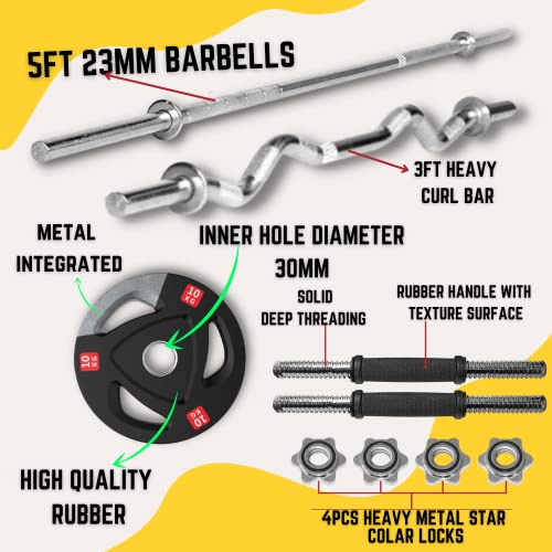 Image of HASHTAG FITNESS Metal Integrated Rubber Plates, Gym Equipment Set For Home Workout With 5Ft Rod, 3Ft Curl Rod And Star Nut Dumbbell Set For Home 10Kg To 100Kg, Black