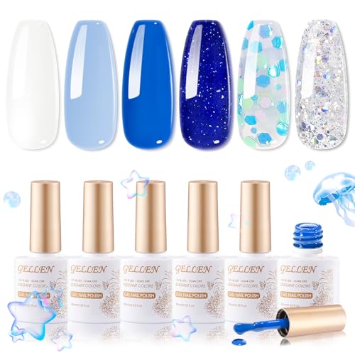 GELLEN Gel Nail Polish Set - 6 Colors Navy Blue Baby Blue White Silver Glitter Gel Polish for July Fourth Independence Day Shimmering Soak off UV Light Nail Gel Polish Manicure Set DIY Nail Art