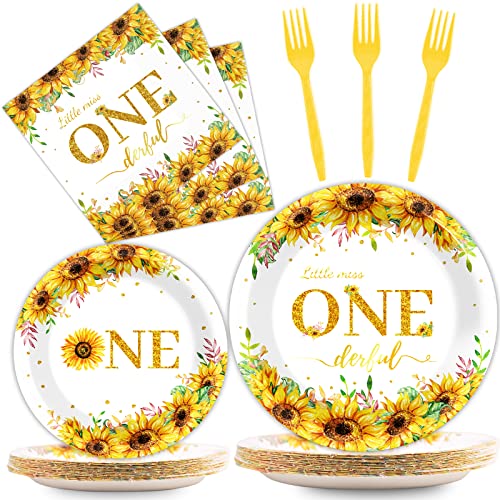 96Pcs Sunflower 1st Birthday Party Supplies Baby Girl Little Miss Paper Plates Napkins Sun Flower Party Decorations First Birthday Dinnerware Favor Tableware Serves 24
