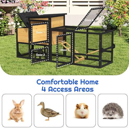 80" Chicken Coop for 2-4 Chickens with Wheels, Outdoor Wooden Hen House w/Nesting Box & Run Cage, Weatherproof for Backyard Poultry Pet Hutch, Removable Tray and Hanging Chicken Feeder - Image 5