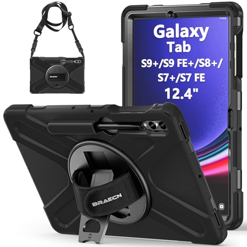 BRAECN Galaxy Tab S9 FE+/S9+/S8+/S7 FE/S7+ Case 12.4 Inch, Heavy Duty Shockproof Sturdy Cover with 360° Rotating Hand Strap & Kickstand, Shoulder Strap for S9 FE+/S9 Plus/S8 Plus/S7 FE/S7 Plus, Black