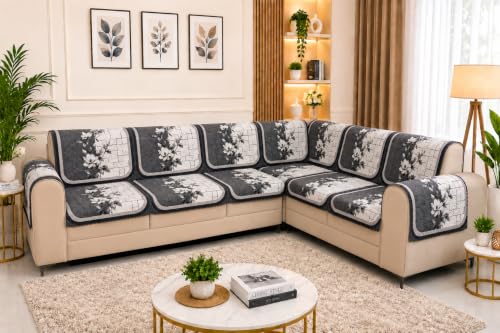 Image of Printed 7 Seater L-Shape Sofa Cover with Arm Covers, Quilted Texture, Sectional Couch Protector for Living Room-Pack of 15 (Grey Bloom)