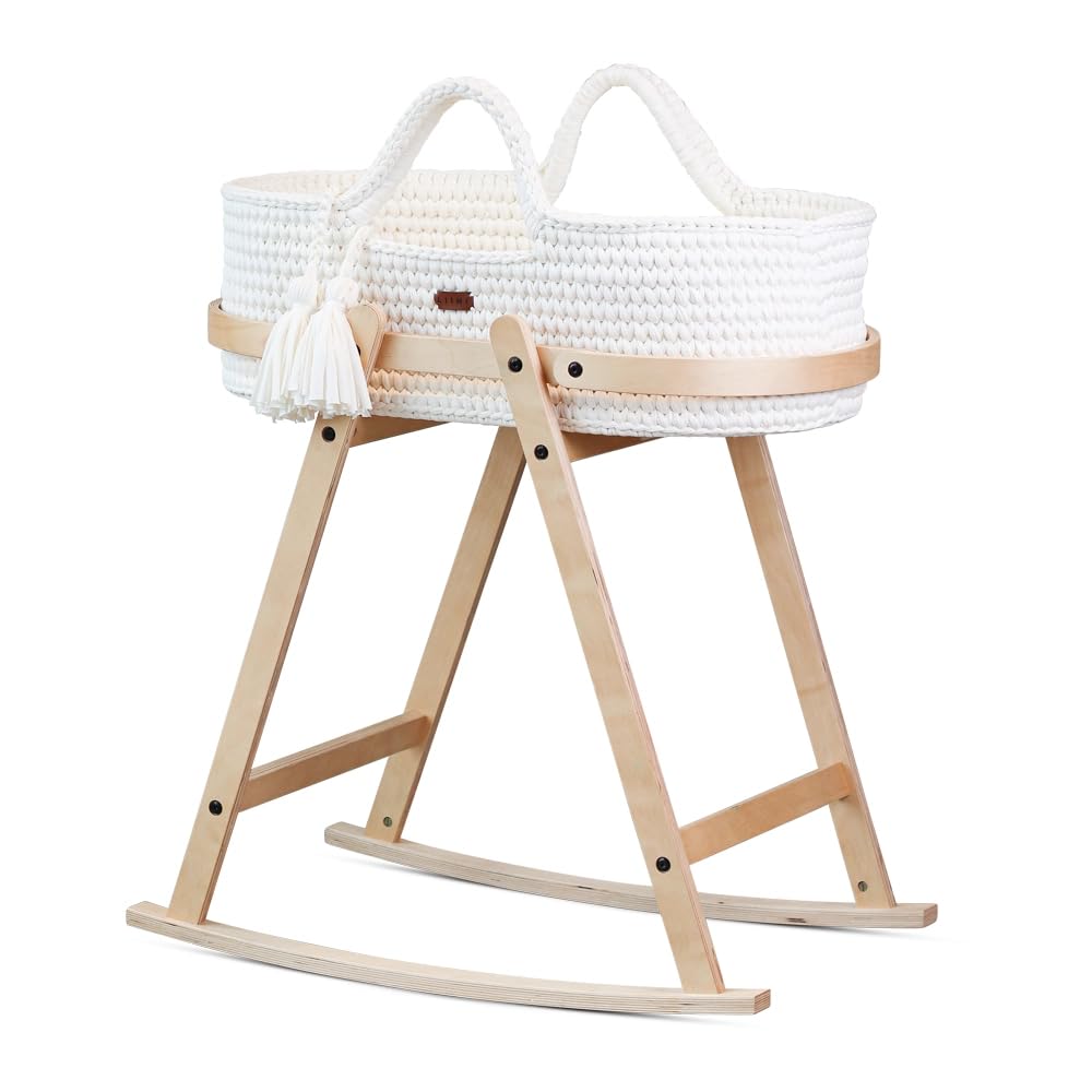 LIINI® Babywiege mit Moseskorb – sanfte Wiegebewegung, handgehäkelt, nachhaltiges Holzgestell, inkl. Matratze & Zubehör – ab Geburt bis 9 kg – Farbe Cream