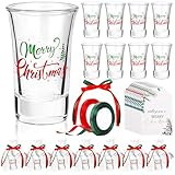 Whaline 24 Sets Merry Christmas Shot Glasses 1.5oz Red Green Shot Glass Cups with Xmas Paper Tags Clear Organza Bags and Ribbons for Christmas Holiday Drink Party Supplies