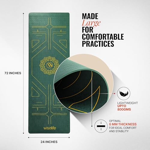 Image of Wiselife True Alignment Yoga Mat + Sleek Yoga Strap For Men And Women (Probalance Tpe Material 6Mm Extra Thick Extra Long Extra Wide) (Emerald)