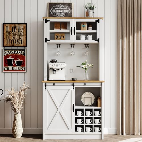 4ever2buy 72" Farmhouse Coffee Bar Cabinet with Sliding Barn Door,