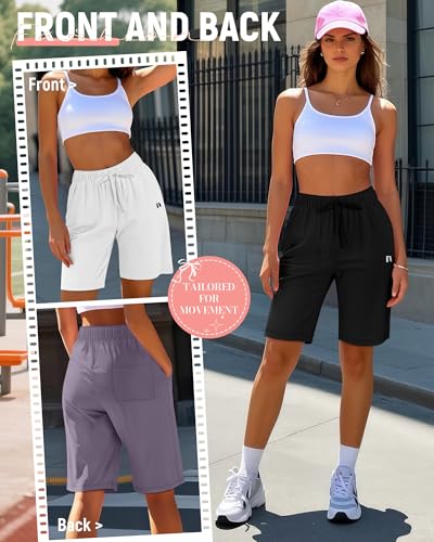 Neer 3 Pack Women's Quick Dry Shorts Women Drawstring High Waisted Bermuda Athletic Shorts with Pockets(Black,White,Dark Grey,X-Large) - Thumbnail 2