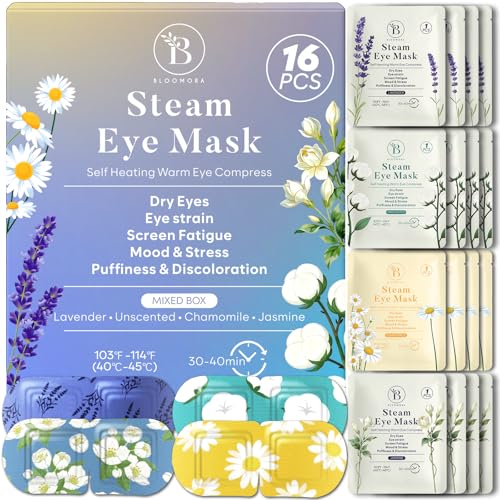 Pack de 16 Antifaz Térmico para Ojos Mix Lavanda Manzanilla Jazmín Sin Fragancia, Máscara de Vapor para Ojos Secos Bolsas Fatiga y Relajación, Antifaz Autocalefactable Desechable para Dormir y Viajar
