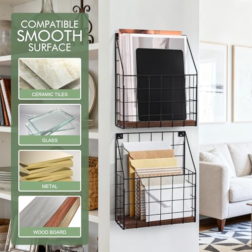 Mail Holder Magazine Basket - 1 Pack Black Wall Mount File Organizer Rack of Wooden Style with Adhesive Mounting - Metal Wire Hanging Sorter for Document Folders Newspaper Clipboard Brochure Display - Thumbnail 4