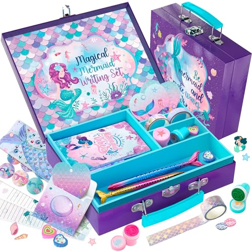 CORALMEE Mermaid Stationery Set for Girls - 54-Piece Art and Letter Writing Kit with Storage Case - Ideal Birthday Gift for Kids Ages 4-12 - Perfect for Preteen Crafts and Toys