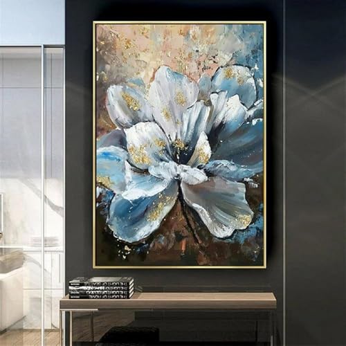 Peinture végétale sur toile grand format pivoine bleue argentée