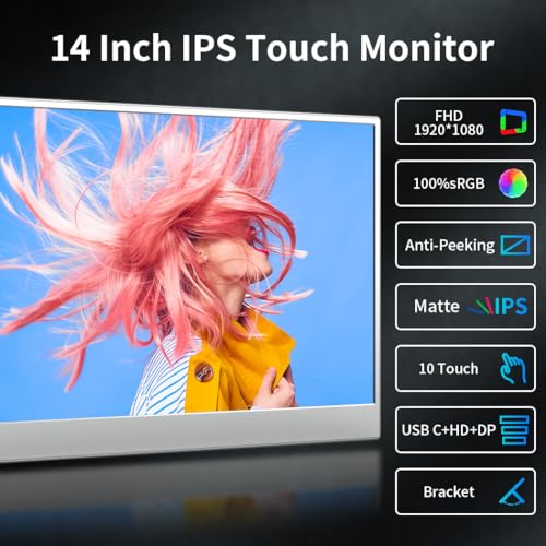 Image of 14 Inch Touchscreen Portable Monitor,FHD 1080p,100% sRGB Display,Built USB-C,HDMI,Mini DP,Folding Kickstand Extend Second Screen for Laptop /PC /Phone /Game Console