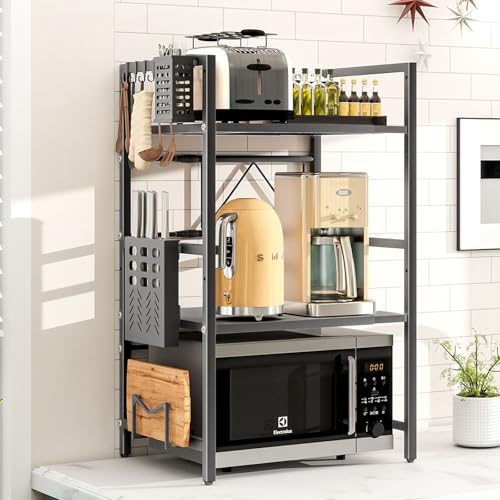 LZNIOZ Microwave Shelf with Hooks/Cutting Board Holder/Knife Holder/Cutlery Box, Microwave Stand for Kitchen Counter (Black)