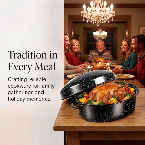 19.3" Enamel Roasting Pan with Lid & Rack Oval Turkey Roaster Pan | Speckled Black Enamel Roaster, Large Capacity for Thanksgiving Turkey, Ham & Family Holiday Cooking - image 5