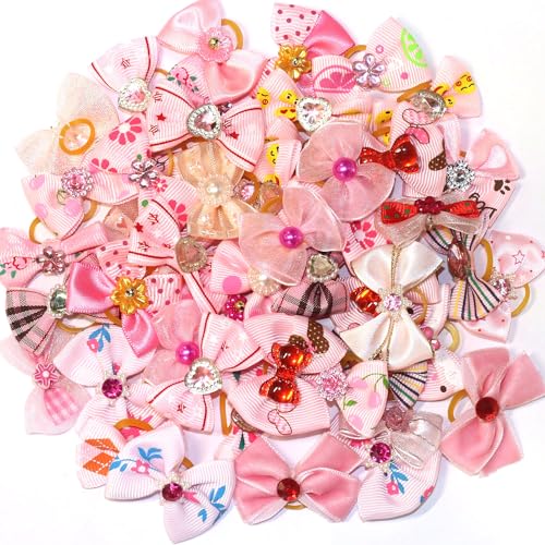 zaabaazina 50pcs Dog Hair Bow Bowknot, Dog Bows Cute, Puppy Hair Bows Rhinestones Pearls Flowers Mix Styles Pet Grooming Rubber Bands Dogs Hair Accessories Handmade Hair Bows for Yorkie Puppy Dogs