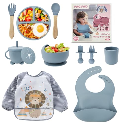 Baby Weaning Set 11PCS Silicone Baby Plate with Suction Cup Silicone Baby Bib Spoon Fork & Sippy Cup Baby Tableware - Baby Dinnerware Set Baby Gifts & Presents (Blue)