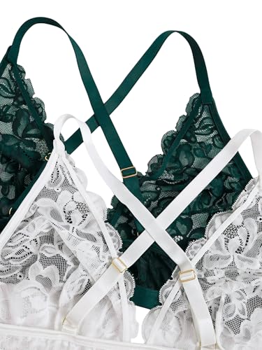 Image of MakeMeChic Women's Plus Size Lace Bralette Front Closure Bras Wireless Deep V Triangle Sexy Lace Bra