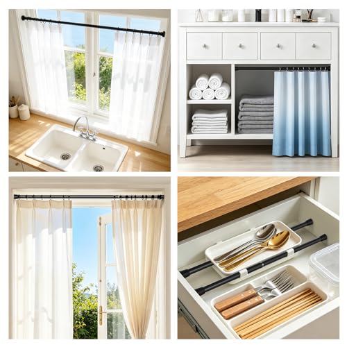 Image of Corklatta 2 Pack Black Spring Tension Curtain Rods Adjustable 16 to 28 Inch, 1 /2 inch Diameter Small Tension Rod,No Drill Curtain Rods for Window