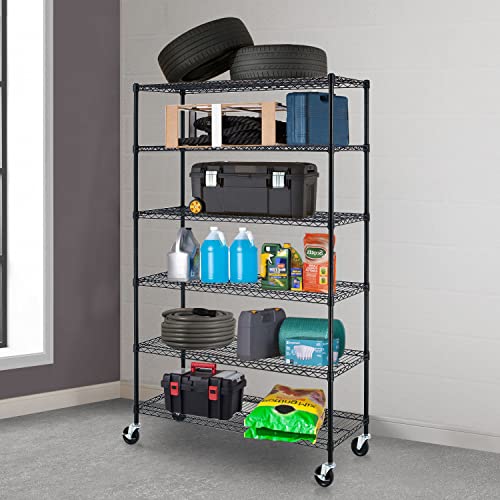 Image of BestOffice Storage Shelves 6 Tier Metal Shelves Adjustable Heavy Duty Garage Shelving Wire Shelving Unit Capacity 6000LBS with Wheels for Kitchen, Garage Pantry Closet Commercial,Black