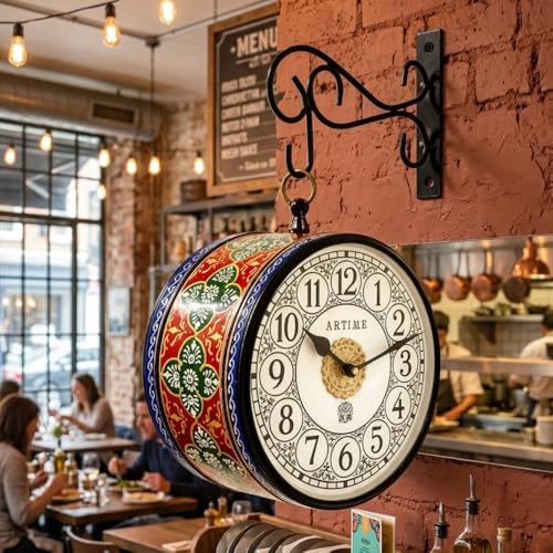 Image of Handcrafted Double Side Metal Analog Vintage Wall Clock | 1.5 Year Machine Warranty | 6 INCHES | 1 Side Number 1 Side Roman,Color (Multicolor)