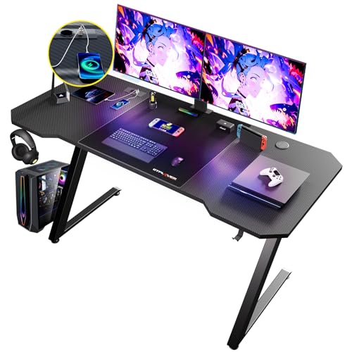 GTPLAYER Gaming Tisch, Gaming Schreibtisch 120 x 60, PC Tisch Gamer Tisch mit Steckdose, Stabiler Computertisch mit Kopfhörerhaken