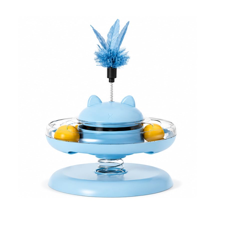 Image of PetVogue Interactive Cat Tower Toy with Feather Teaser Ball Track | Plastic Cat Exercise Toy with Spring Feather | Indoor Kitten Activity Toy | Fun Chase & Hunting for Cats (Blue)