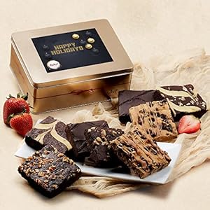 Dulcet Gift Baskets Holiday Fudge Brownie Assortment Tin Delicious, Baked Snacks Chocolate Cheese Walnut Fudge-Chocolate Chip Blondie Great Christmas Gift for Men, Women, Friends, Family, Co-worker.