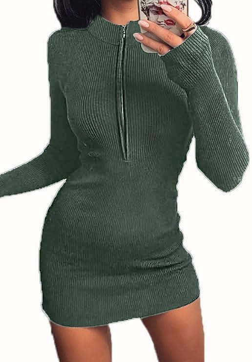 Weardear Kleid Damen Langarm Bodycon Pulloverkleid Elegant V-Ausschnitt Winterkleid Casual Einfarbig Eng MiniKleid Weich Warm Longpullover Graugrün...