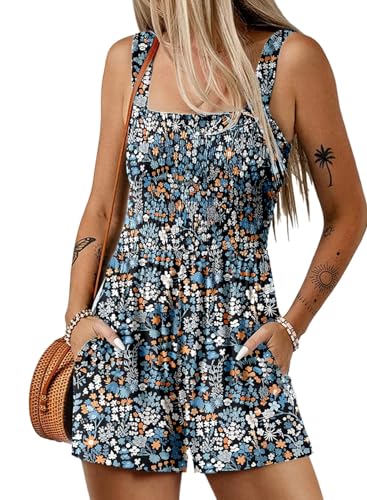 QUNERY Combinaison Femme Ete Combishort Encolure Carrée sans Manches Courte Boheme Motif à Fleurs Jumpsuit avec Poche Bleu S