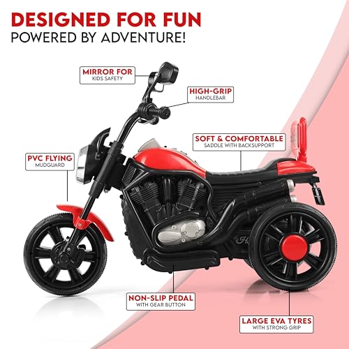 Image of BabyGo Electric Bike for Kids | 6V 4AH Battery, Dual Suspension with LED Lights & Comfy Backrest | 3 Wheel Bike | Battery Bike for Kids for 1-5 Years Kid | 4.5Hr-6Hr Ride | (Red)