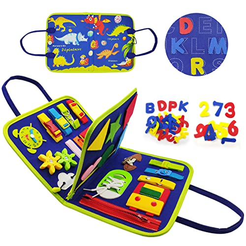 Placa ocupada Montessori, brinquedos crianças 2 3 4 anos para habilidades motoras finas, Busy Board, aprender a vestir e aprender a aprender o alfabeto e o número