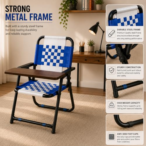 Image of Study Chair for Home with Writing Pad, Foldable Study Chair for Students, Niwar Seat and Back, Metal Frame, Folding Student Seat for Reading, Writing and Laptop Work, (Blue & White)