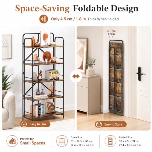 Image of 4NM No Assembly Folding Bookshelf, 5 Tiers Collapsible Book Shelves Open Industrial Foldable Storage Bookcase Shelf for Bedroom, Living Room, Home Office - Rustic Brown and Black