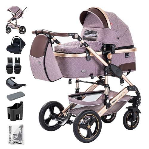 Daliya® BAMBIMO 3in1 Kinderwagen & Buggy mit Auto-Babyschale, XXL-Set, Wickeltasche, Regenschutz, Spiel- und Esstisch, Airless-Räder, Alu-Rahmen (Rose - Rahmen Gold)