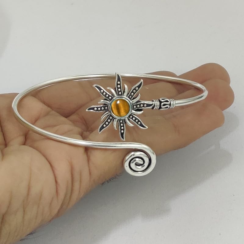 Silver Sunburst Arm Cuff, Tiger Eye Stone Boho Upper Arm Bracelet, Spiral Arm Cuff, Gemstone Armlet, Sun Bohemian Jewelry Gift