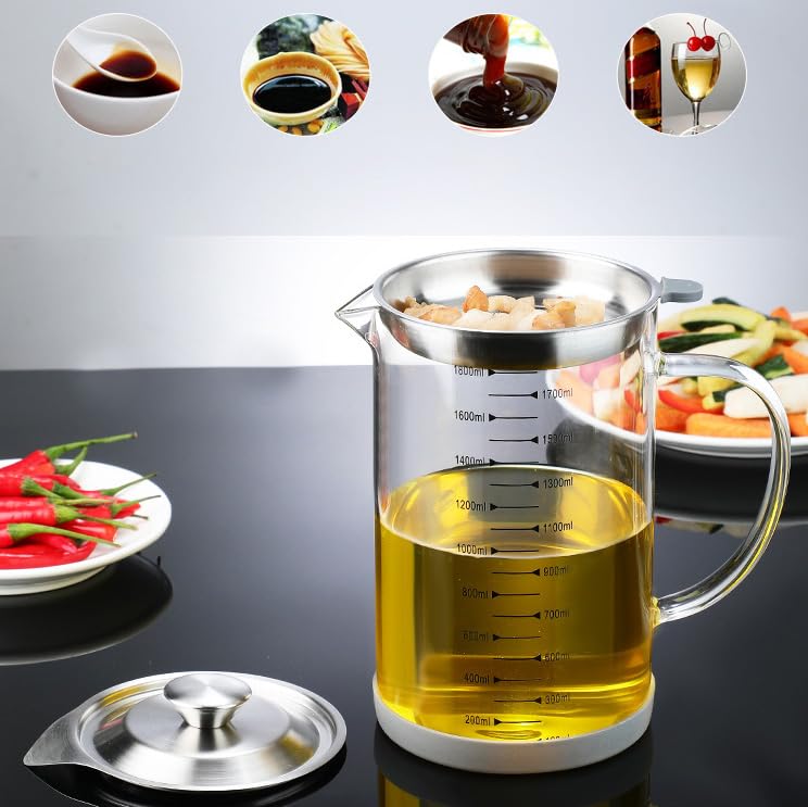 Grande dispenser per olio e aceto, 1500 ml, in vetro borosilicato, beccuccio antigoccia, fondo antiscivolo, ideale per cucinare e usare in cucina