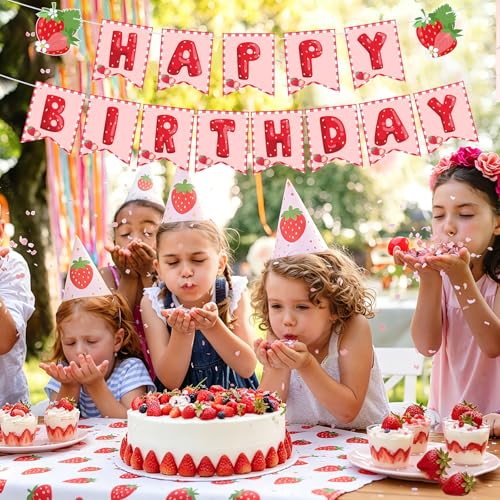 Image of Hooqict Happy Birthday Banner Strawberry Birthday Decorations Hanging Sign for Girls Red and Pink Sweet Berry 1st Strawberry Party Decorations Supplies