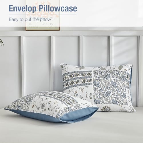 Image of Lekesky Queen Size Duvet Cover Set, Patchwork Floral 3 Pieces Reversible Blue Paisley Duvet Cover Set, Ultra-Soft Microfiber 3 Pieces Comforter Cover with Zipper, Includes 2 Pillowcases