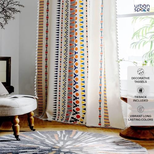 Image of Urban Space 100% Cotton Geometric Light-Filtering Curtain For Door,Boho Decorative 7 Feet Long With Eyelets & Tieback,Pack Of 2 Curtains Covers(Door,7X4Ft,Cushion Cover,16X16 Inch,Ikat Orange)