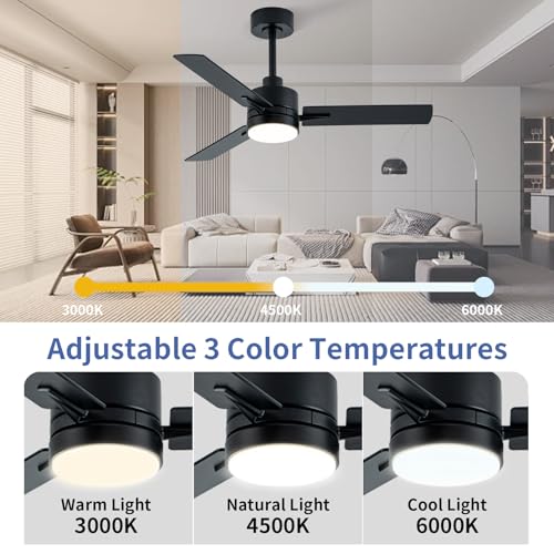 Image of LANMEL 42 Inch Metal Ceiling Fan with Light, Modern Flush Mount Low Profile with Remote Control, Reversible, 3cct Dimmable, Quiet, Black LED for Bedroom, Living Room, Indoor /Outdoor Patio Use