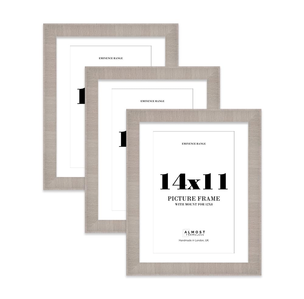 14x11" Grey Picture Frame with 12x8" Mount - Shabby Chic Photo Frame with Distressed Finish, Wall Hooks and Kickstand, 32mm Edge - 3 Pack
