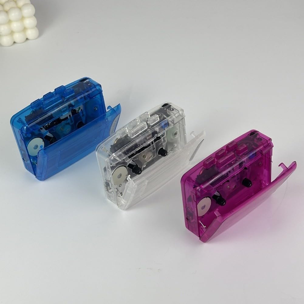 Lecteur cassette portable avec radio FM et casque stéréo - Lecteur de bandes transparentes avec chargement USB - Design rétro (rouge)
